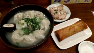 椎茸わんたん+春巻+鳥もも肉の紹興酒漬け、上海わんたん