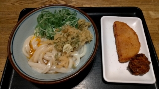 釜玉うどん+ハムカツ+から揚げ、愉々家