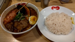 生ラム野菜カレー+もちベーコン串、suage